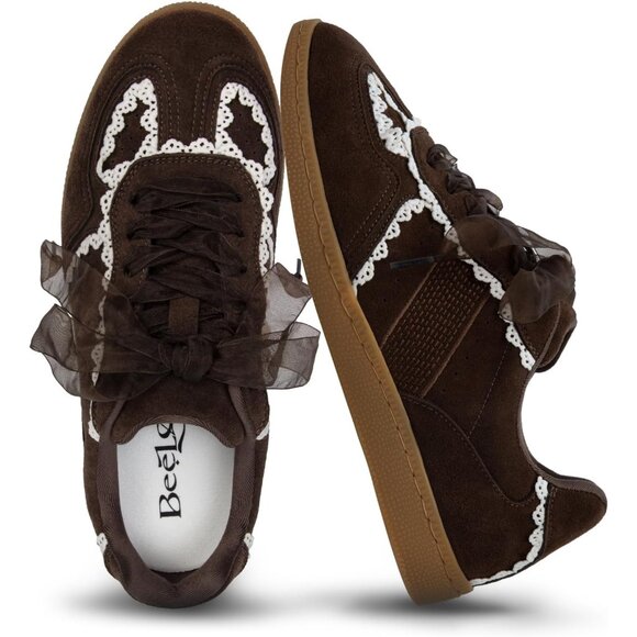 Shoes - Casual Brown Sneakers Women with Lace Detail Ribbon Leather Upper Memory Foam